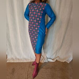 Long Sleeve Blue Dress Shift Dress Knee Length Geometric Pink Print